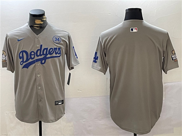 Los Angeles Dodgers Team Big Logo Gray 2024 World Series With No. 34 Patch Limited Stitched Jersey - Click Image to Close